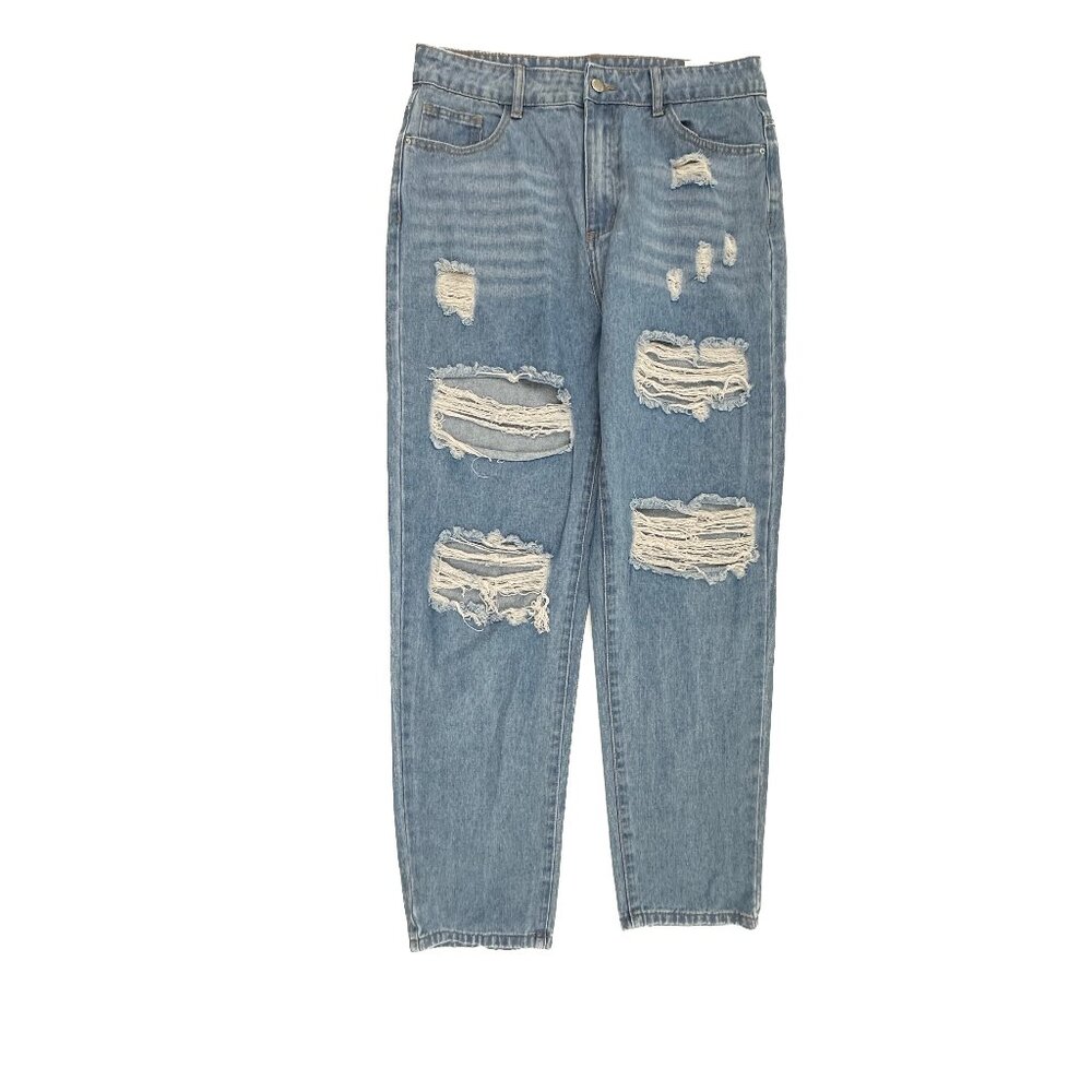 Shein Distressed Straight Women's size L 8 10 Medium Wash Blue Denim Jeans